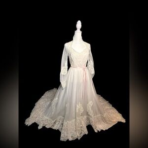 Vintage 1970s Lace Wedding Dress | Boho Cottagecore Bridal Gown with Train & Pin
